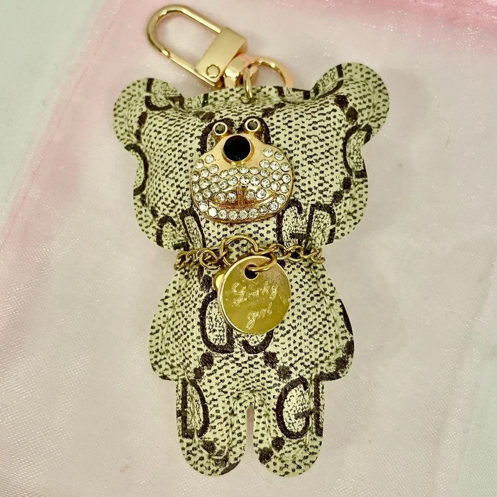 Bag Charm- Crystal Face Fashion Bear Keychain/Bag Charm in Beige Logo Print,NWOT - Picture 1 of 8